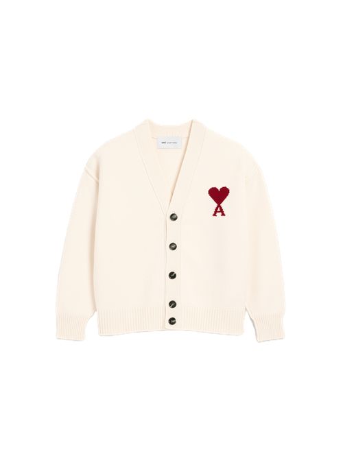 Cardigan Ami de Cœur in lana naturale Ami Paris | UKC367.018154 OFF-WHITE/RED